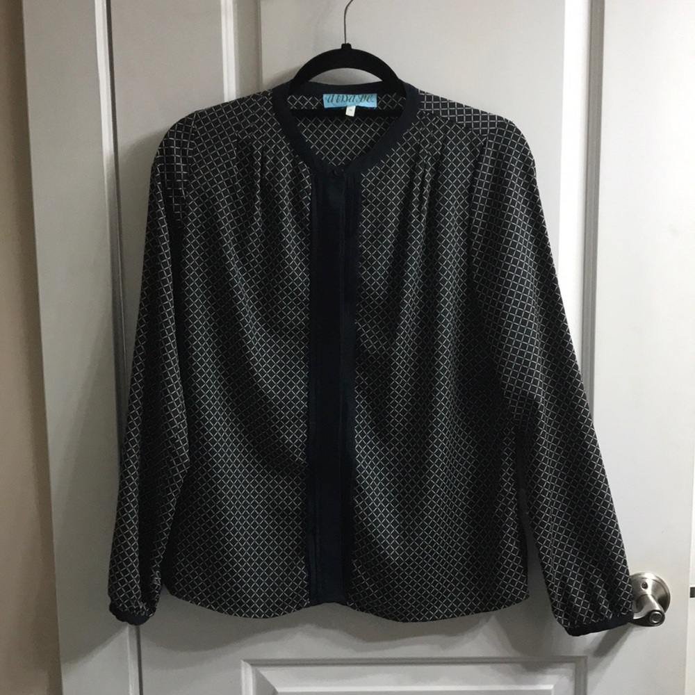Navy Blouse with Green and Cream Accent pattern